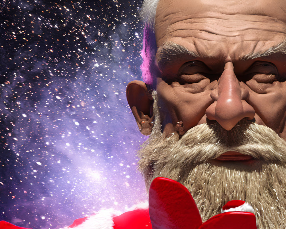 Realistic Santa Claus Figure with Starry Night Background and Serious Expression