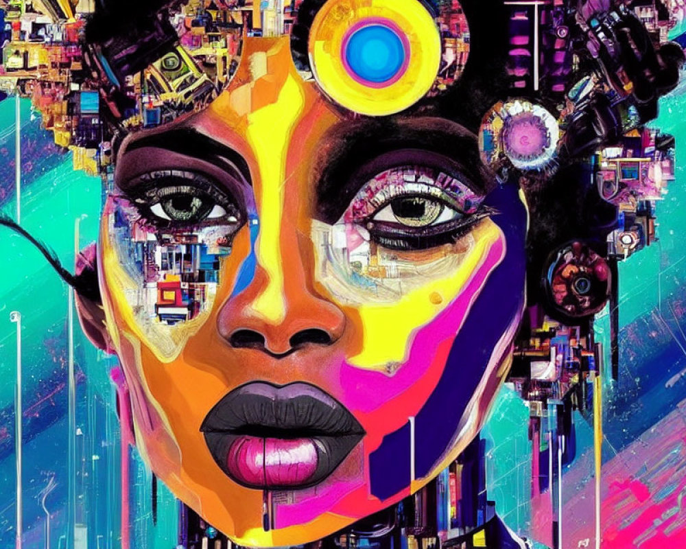 Colorful digital artwork: Woman's face with mechanical parts and abstract patterns