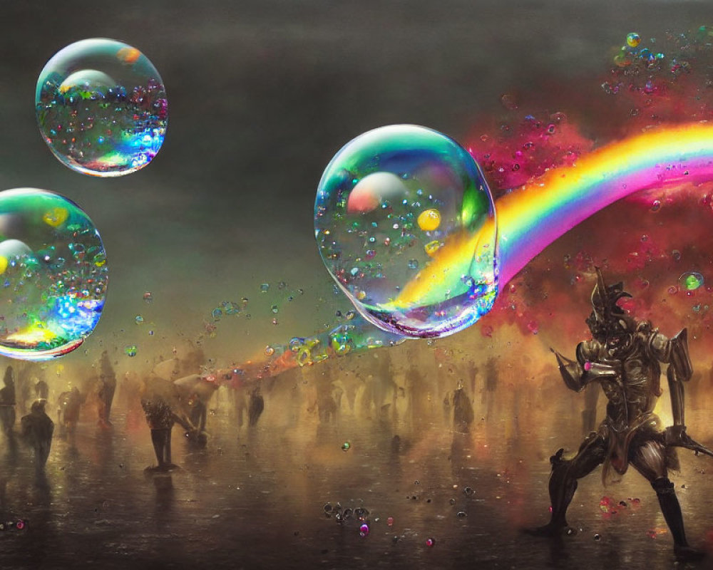 Surreal landscape with giant bubbles, rainbow splash, and centaur-like figure