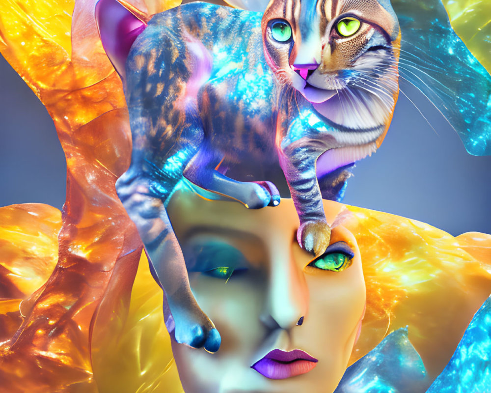 Colorful cosmic cat with mannequin-like woman's head in vibrant artwork