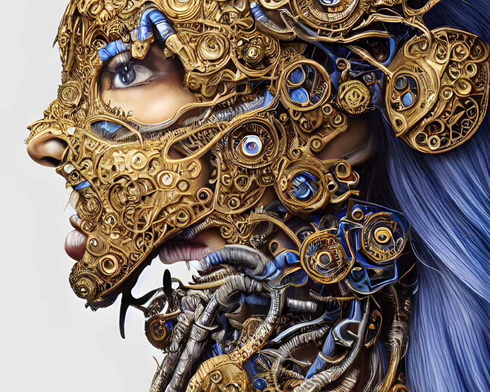 Detailed Illustration of Figure with Golden Mechanical Facial Armor, Multiple Eyes, Blue Hair, and Biome