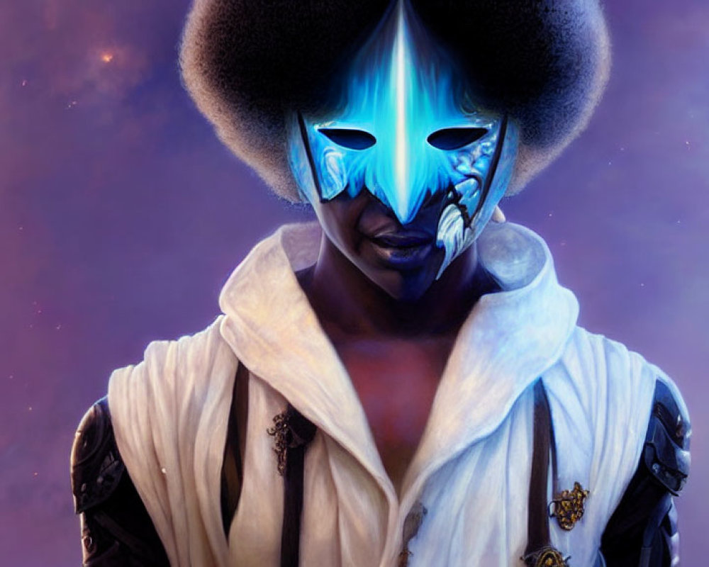 Person with Afro in White Outfit & Blue Mask