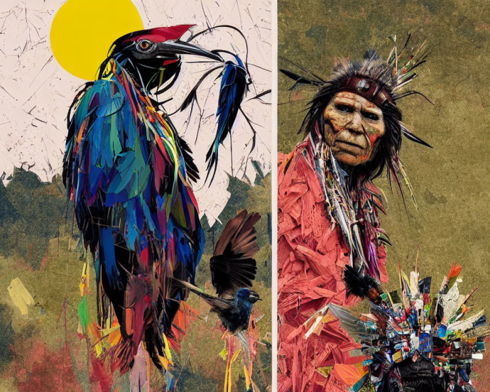 Colorful abstract bird and Native American figure in digital artwork with textured backgrounds and yellow circle motif