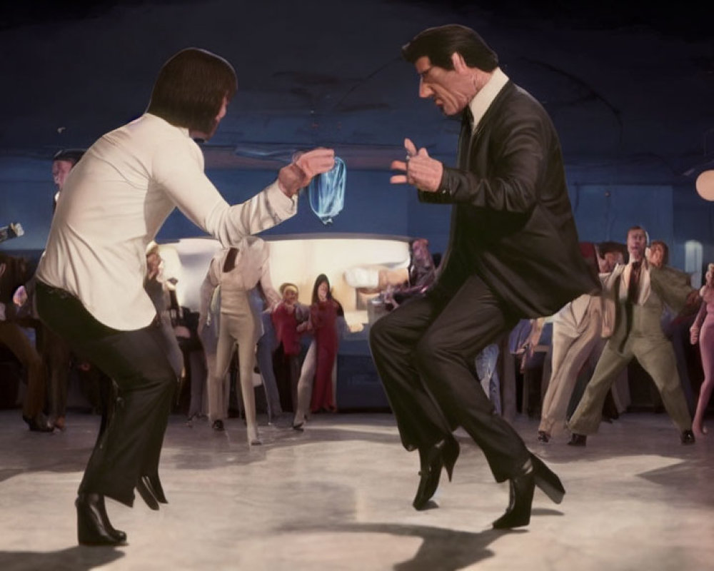 Men in suits perform comical dance-off in retro-style hall