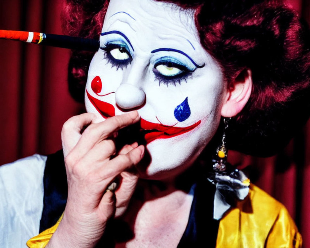 Clown makeup person with cigarette in mouth against red curtain