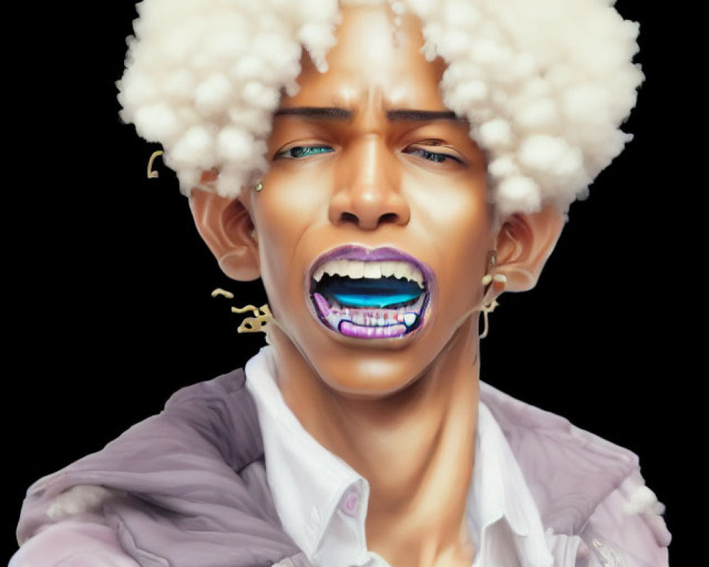 Stylized portrait of person with voluminous white hair and blue mouthpiece