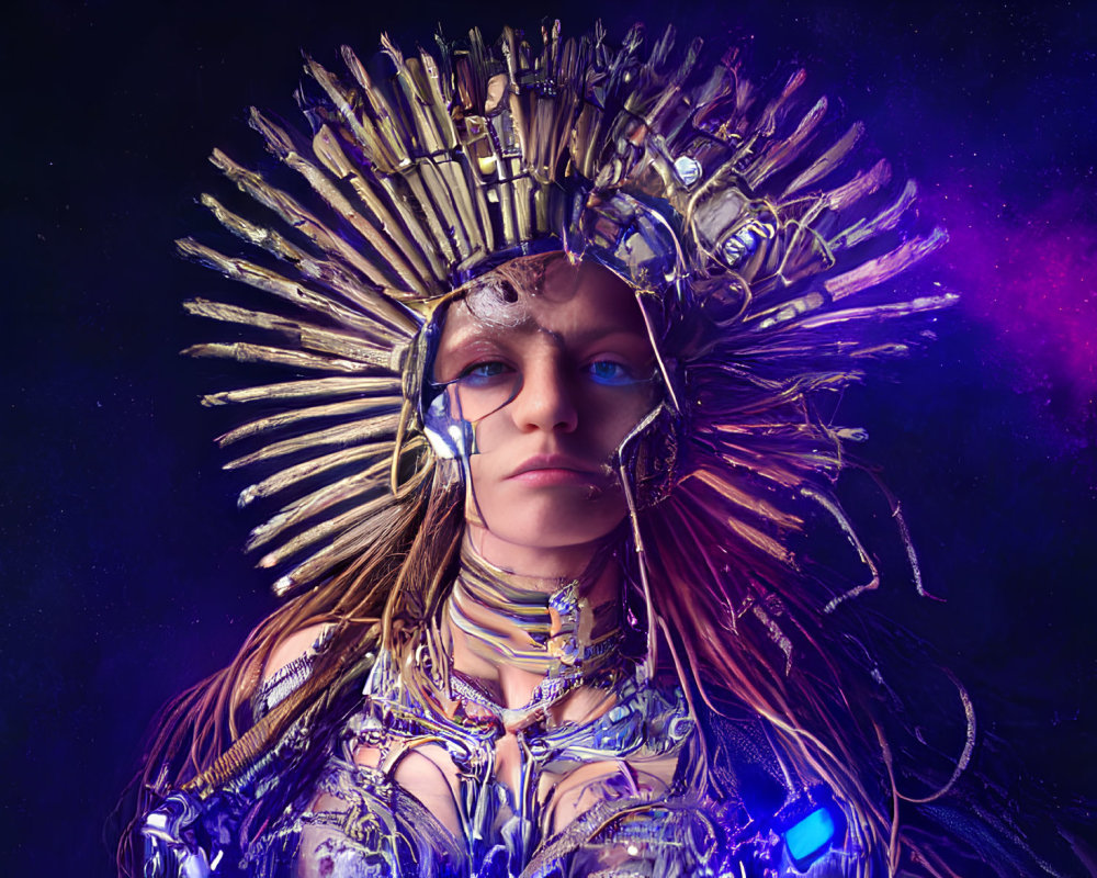 Futuristic headdress and armor on person against dark background