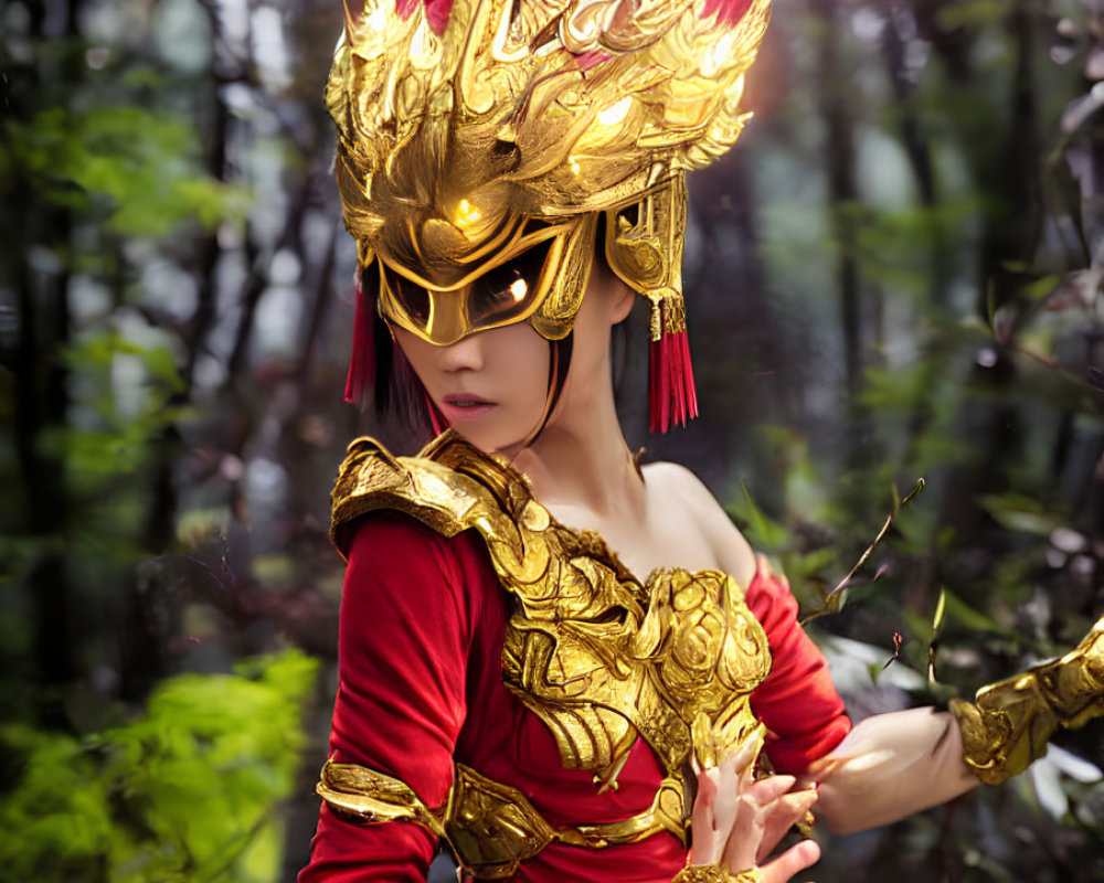 Elaborate golden armor figure with bird-like mask in forest setting