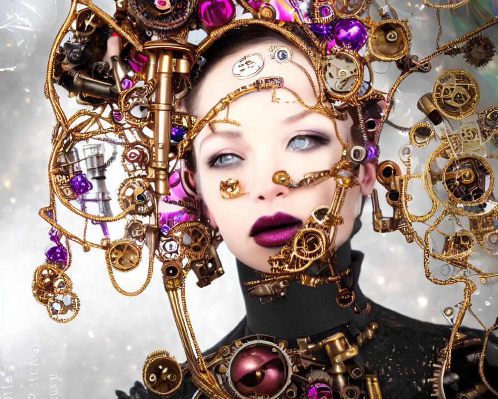 Woman's face with steampunk mechanical components and purple hues