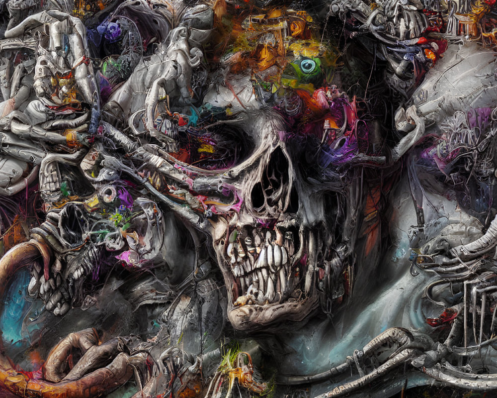 Detailed Artwork Featuring Skull Surrounded by Mechanical and Biological Elements