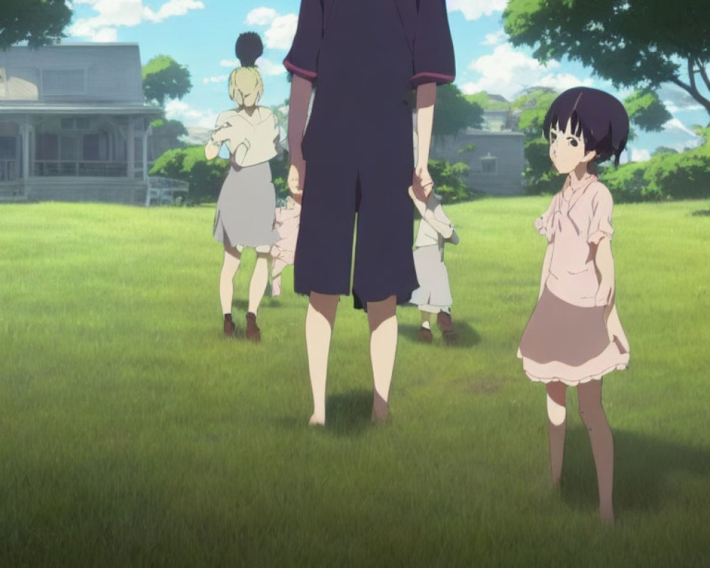 Child in pink dress observes kids walking in grassy field