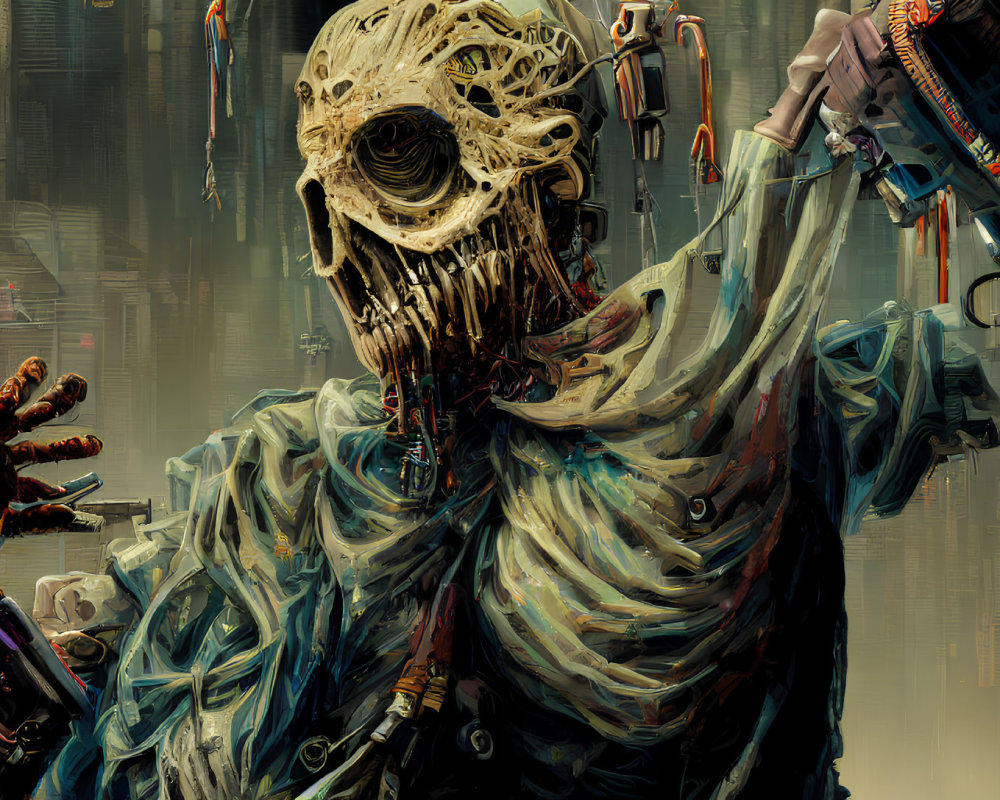 Detailed Cyborg Artwork with Skull-like Face and Mechanical Parts in Tattered Blue Fabric