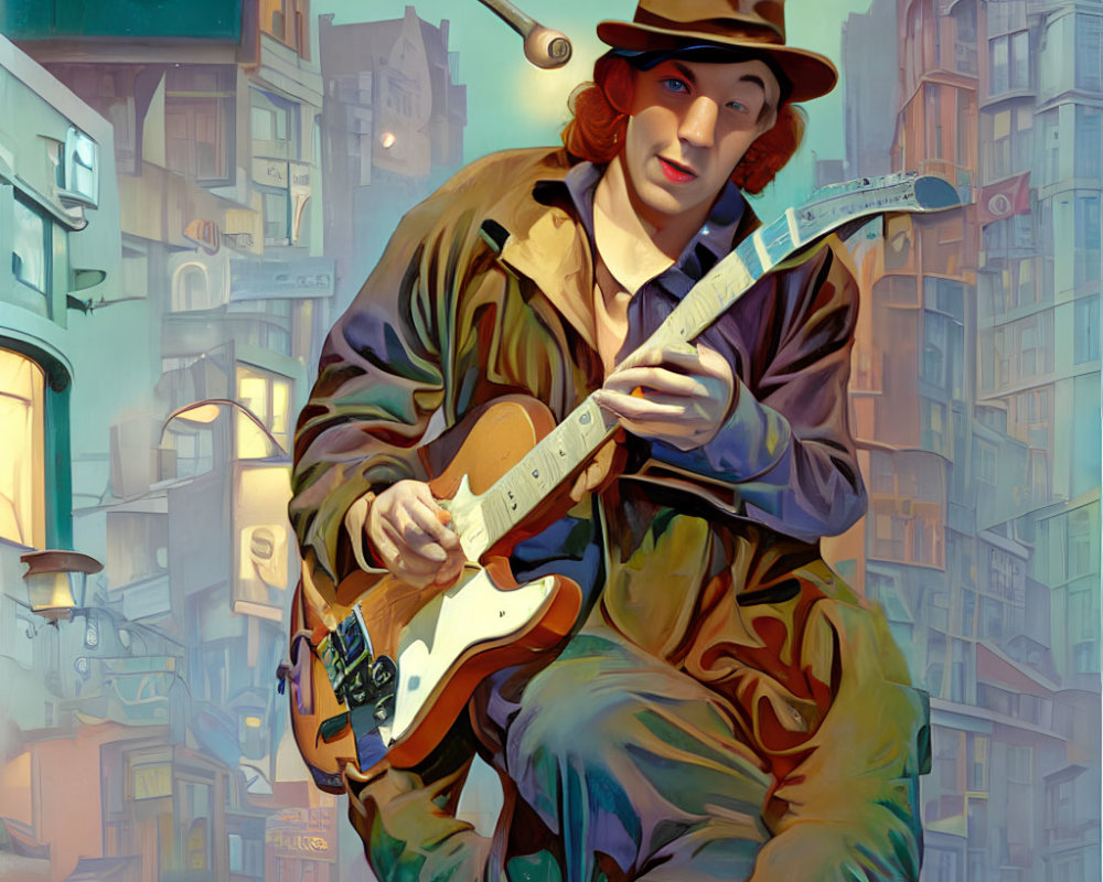 Stylized illustration of person in trench coat playing electric guitar on city street