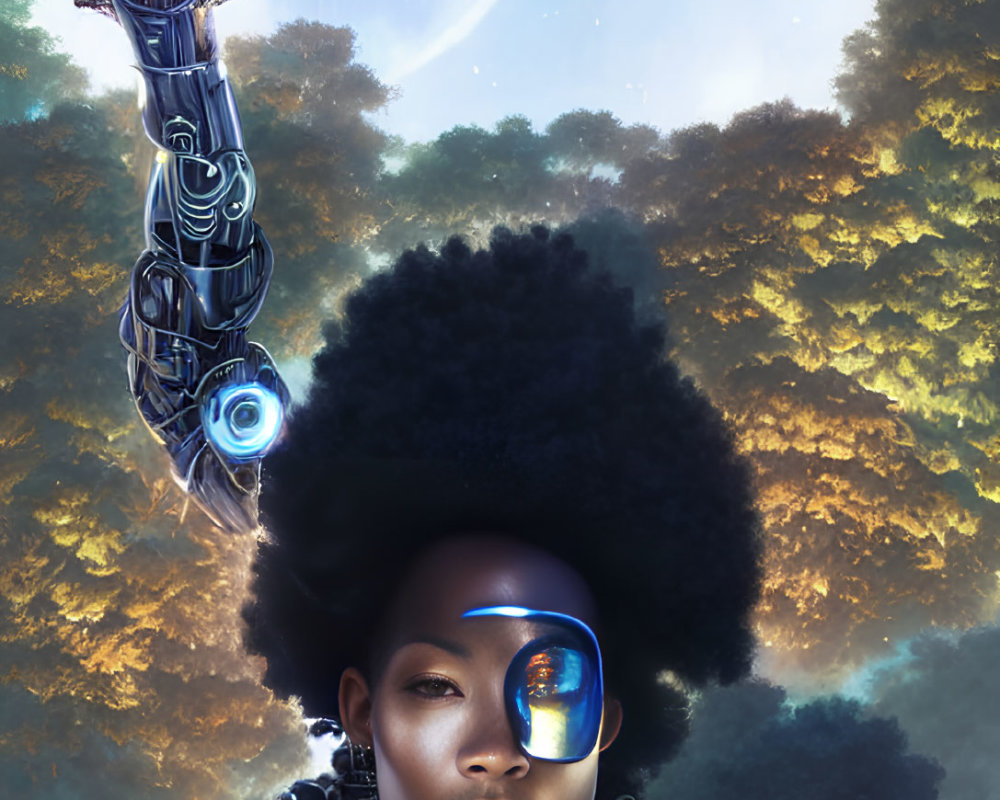 Afrofuturistic woman with cybernetic enhancements in celestial setting