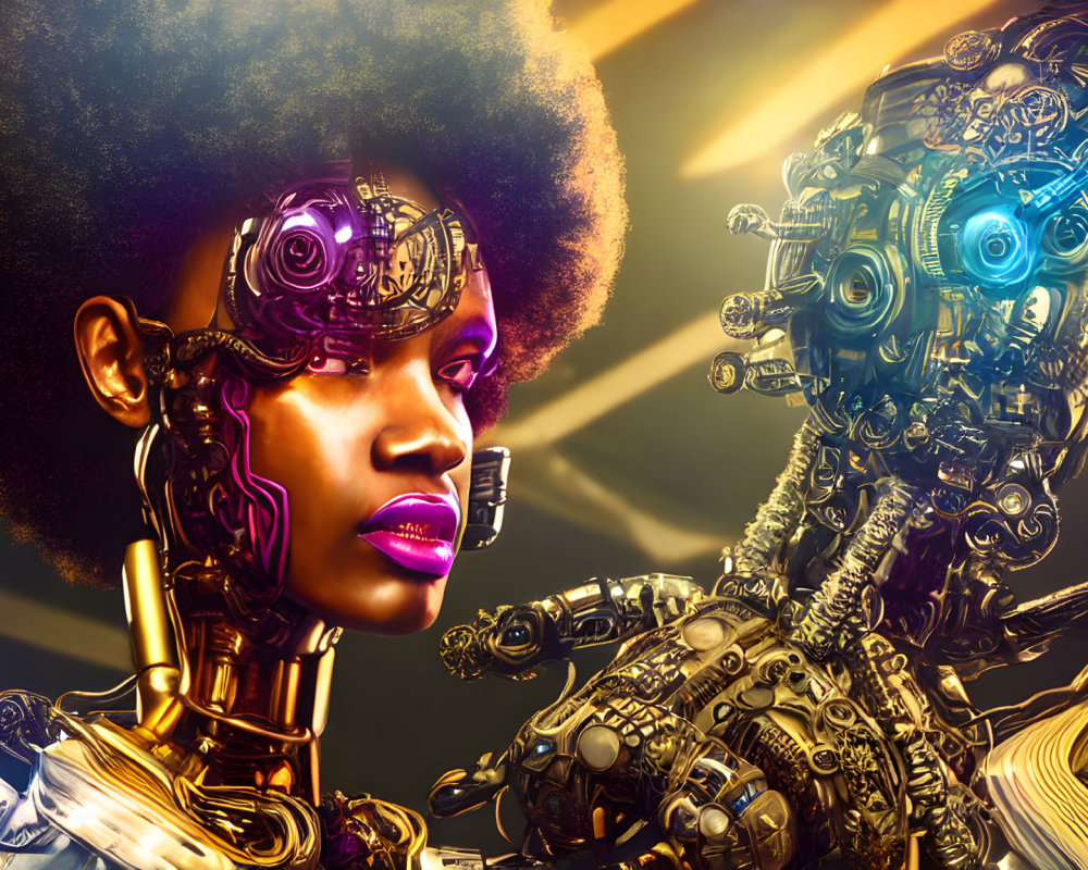 Futuristic woman with cybernetic enhancements confronts detailed robotic entity