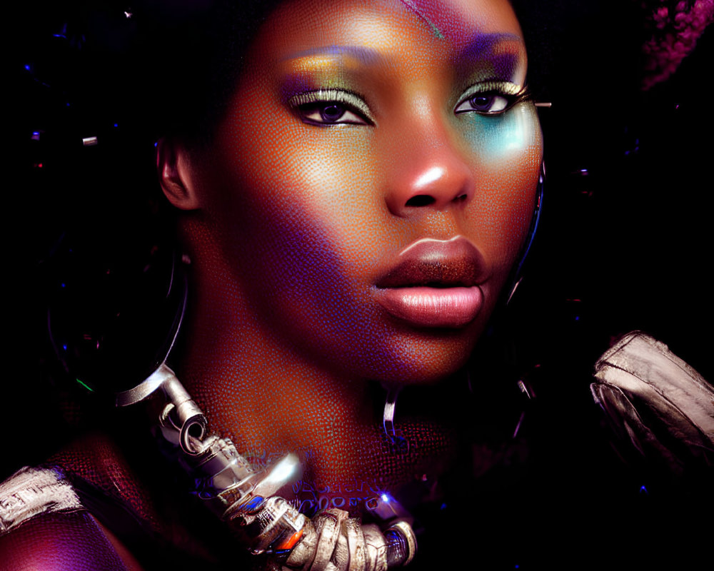 Detailed Portrait of Woman with Iridescent Makeup and Futuristic Jewelry