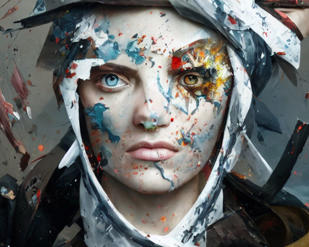 Colorful Paint-Splattered Figure with Intense Expression