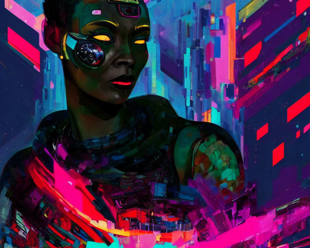 Colorful Cyberpunk Portrait with Neon Hues & Mechanical Eye