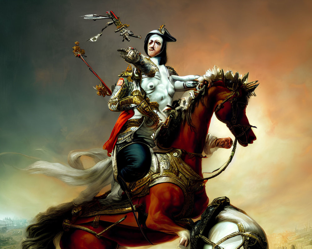 Female warrior in armor on rearing horse with spear in smoky battlefield