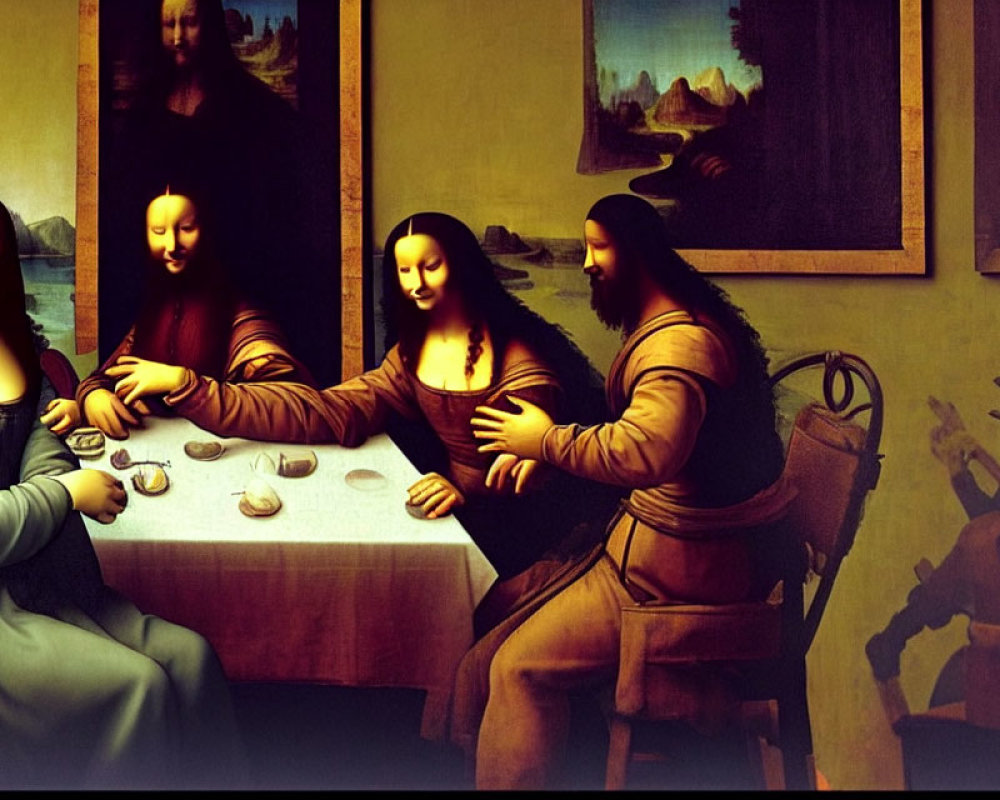 Digital artwork of three Mona Lisa paintings with a man at a table