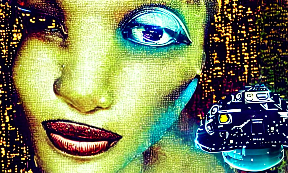 Vibrant digital artwork featuring face in blue and gold tones with binary code and spaceship graphic