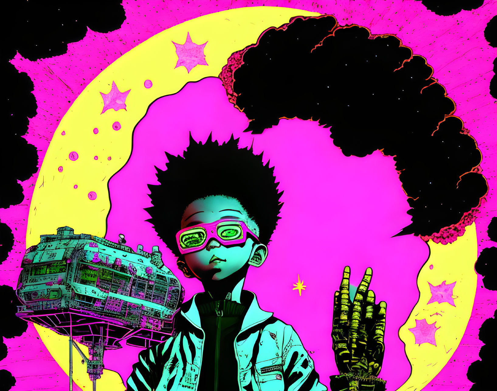 Stylized illustration of boy with afro under pink moon