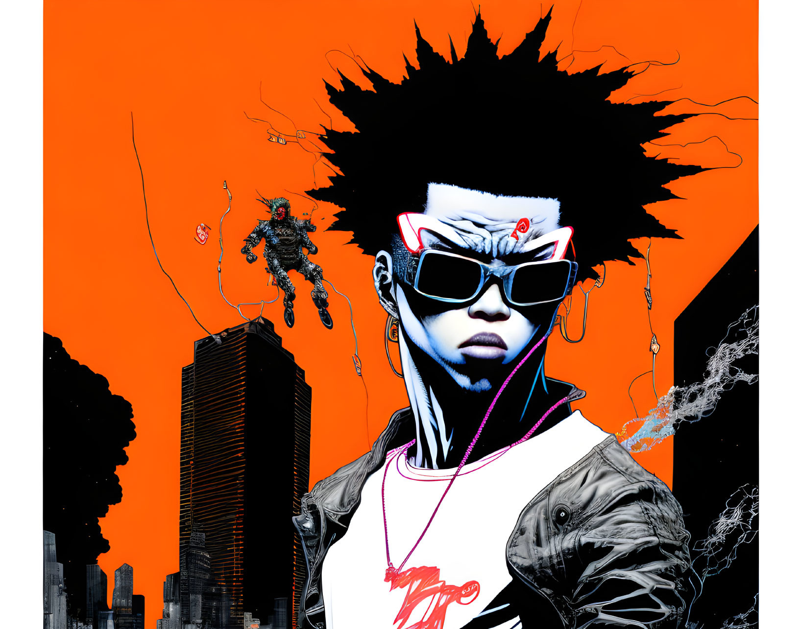 Person with Afro, Sunglasses, and Earphones on Orange Background with Cityscape