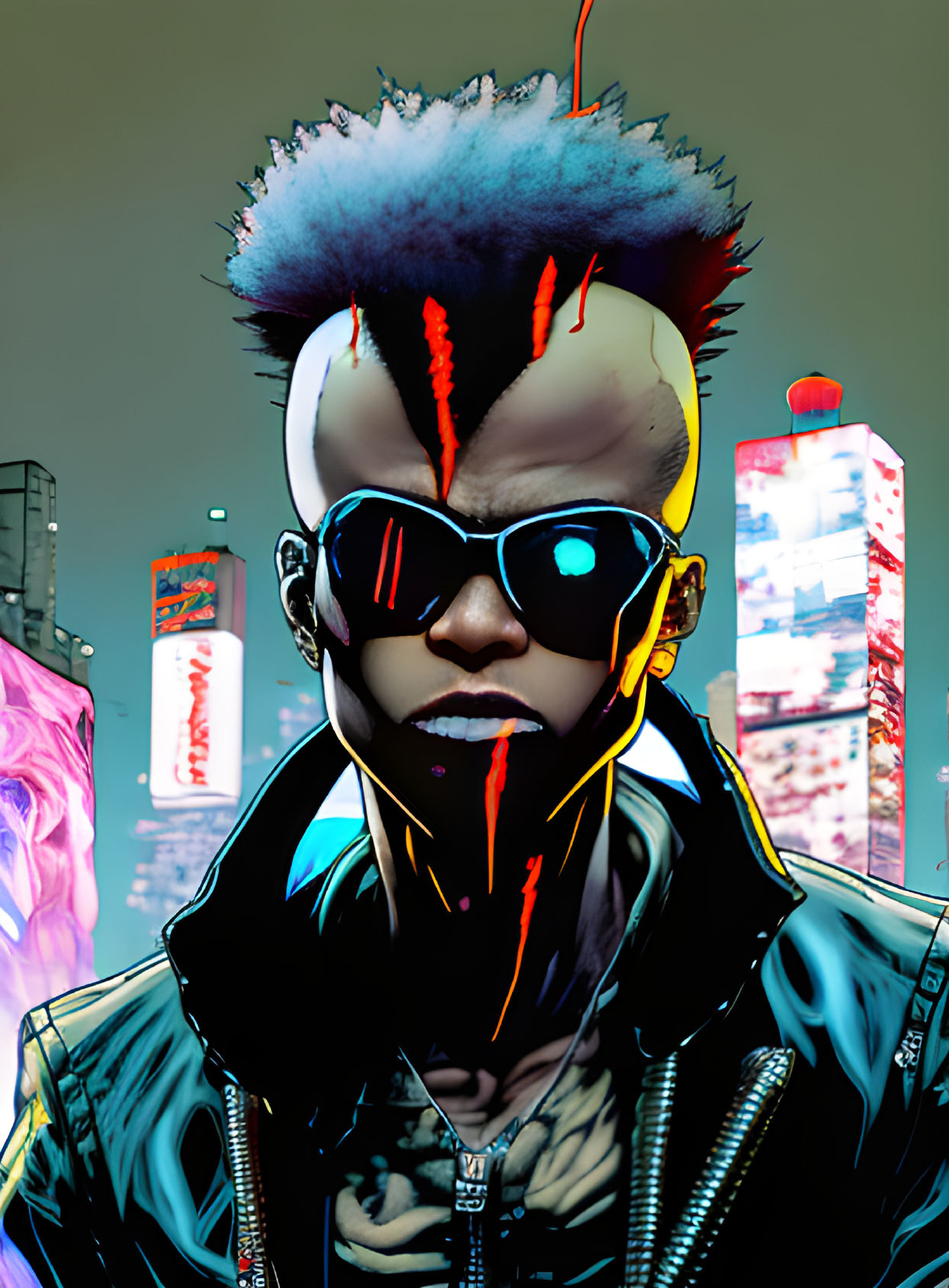 Stylized person with mohawk and neon paint streaks in cityscape.