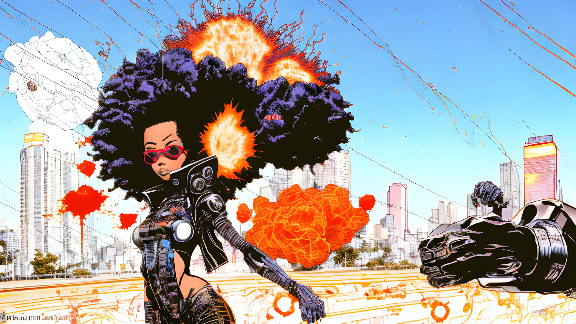 Digital artwork: Woman with explosive afro hair in futuristic cityscape