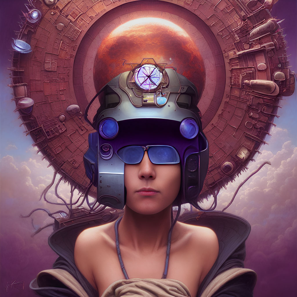 Futuristic headgear-wearing person against red planet backdrop