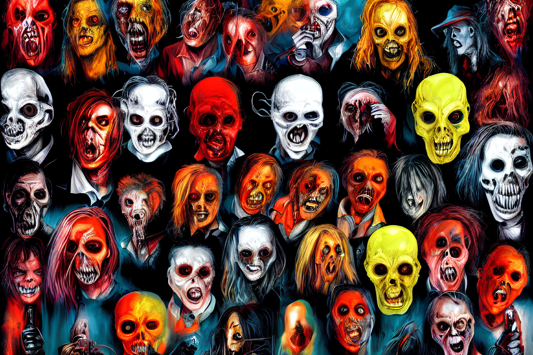 Collage of Horror-Themed Faces with Exaggerated Expressions