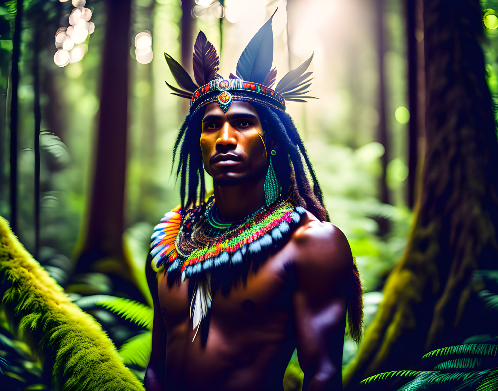 Colorful Native Headdress Worn in Lush Forest Setting