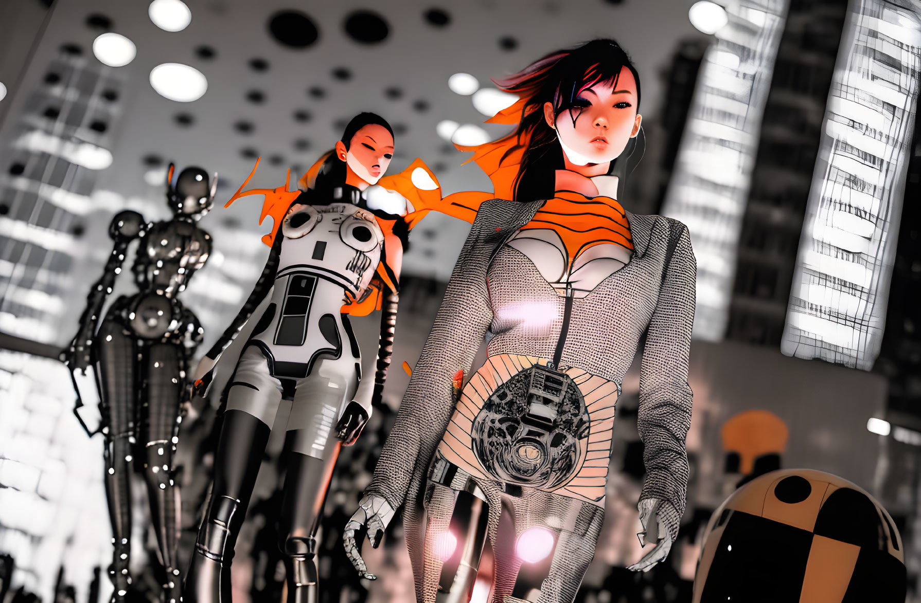 Futuristic setting with stylized robotic characters