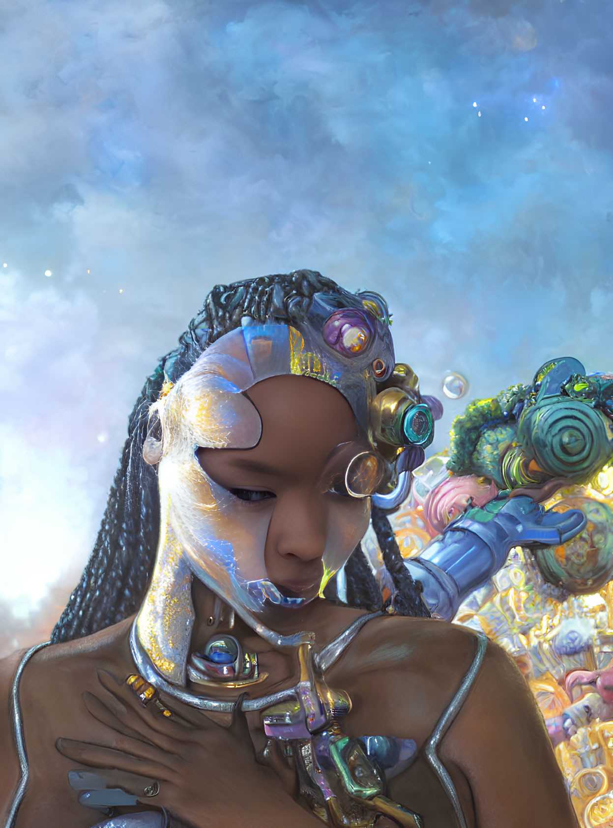 Futuristic female figure with metallic skin and braided hair in cosmic setting