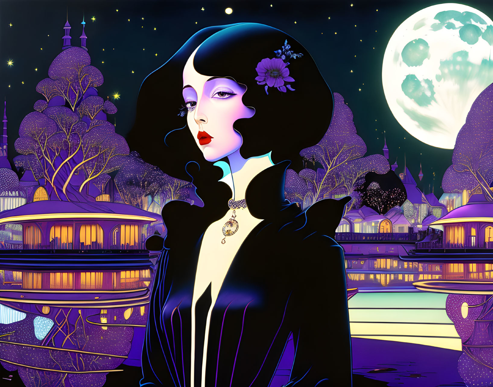 Stylized illustration of woman with black hair in dark dress, set in moonlit cityscape.