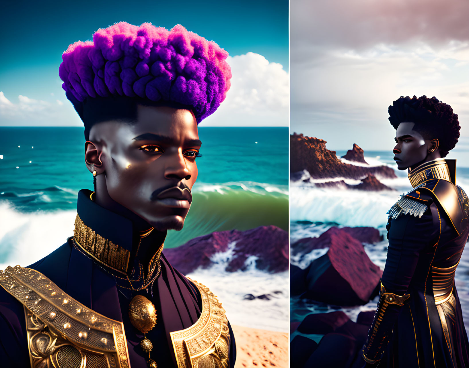 Vibrant purple afro and regal attire against teal coastal landscape