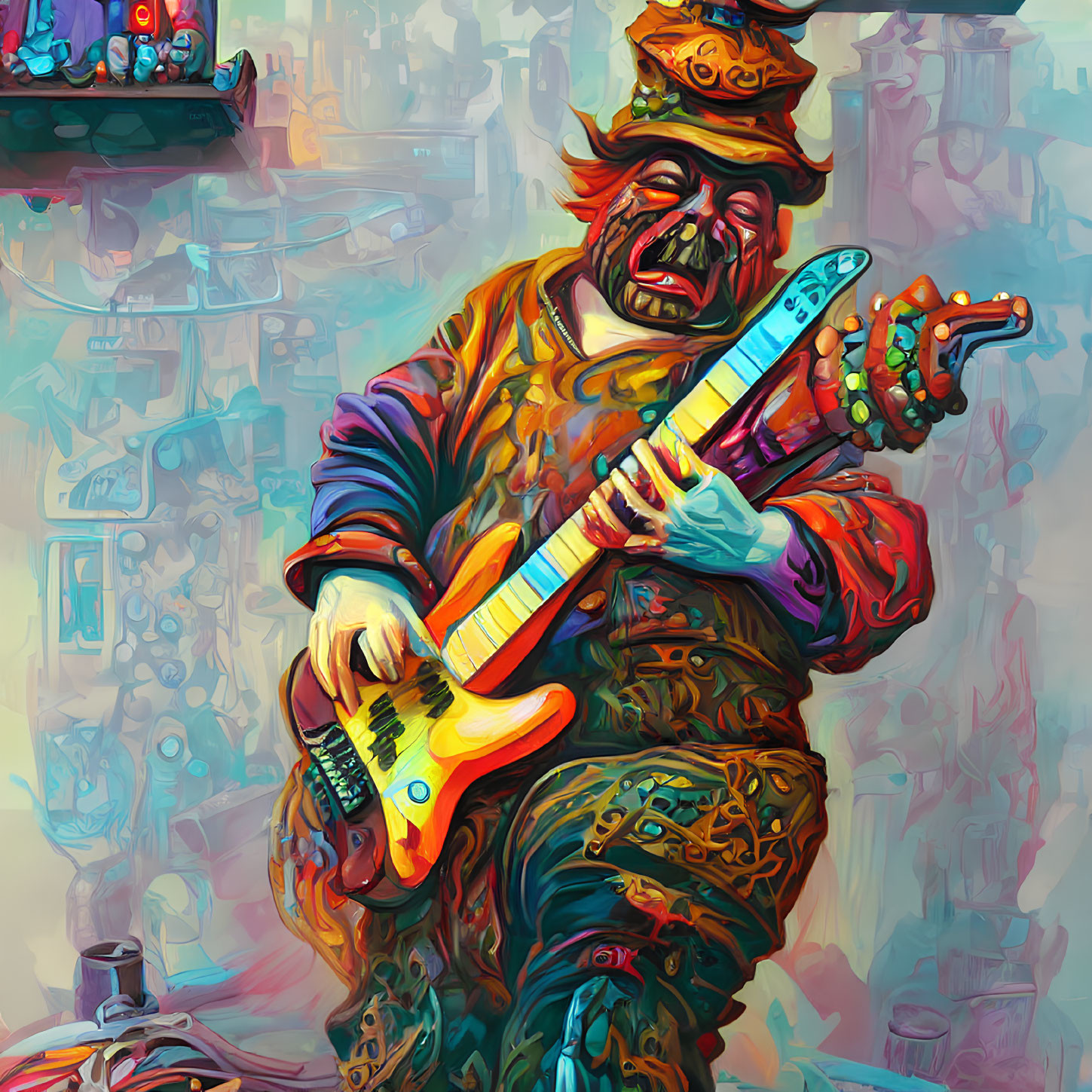 Colorful Illustration of Figure Playing Electric Guitar in Vibrant Cityscape