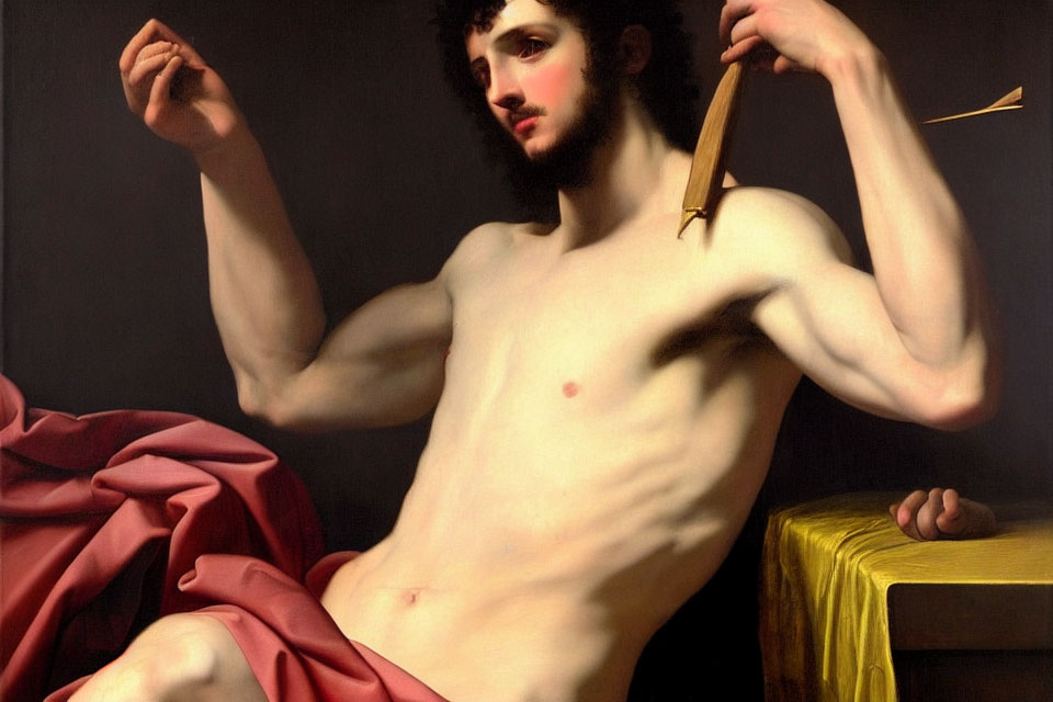 Classical painting of contemplative man with arrow, golden surface, and red drape