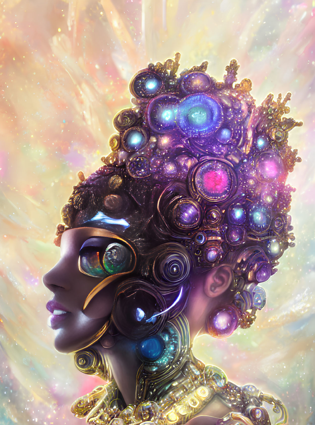 Cosmic-themed digital artwork of a woman with glowing orbs