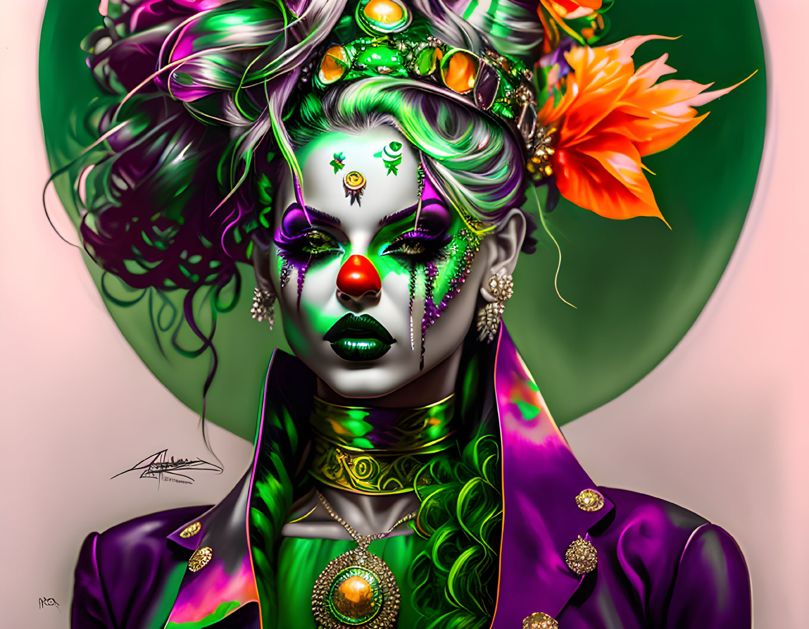 Fantasy character with green skin and elaborate makeup in regal attire