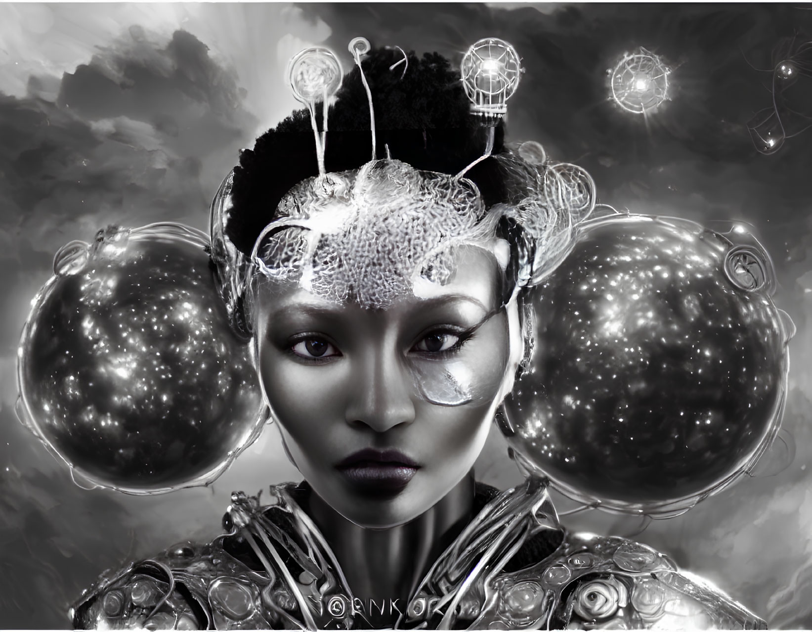 Monochrome artistic depiction of woman with futuristic headdress against cloudy sky