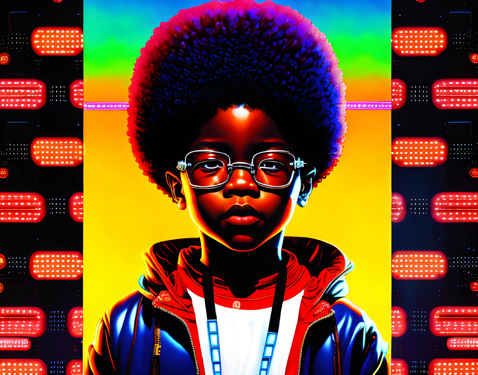 Child with Afro, Glasses, Headphones in Neon Digital Art