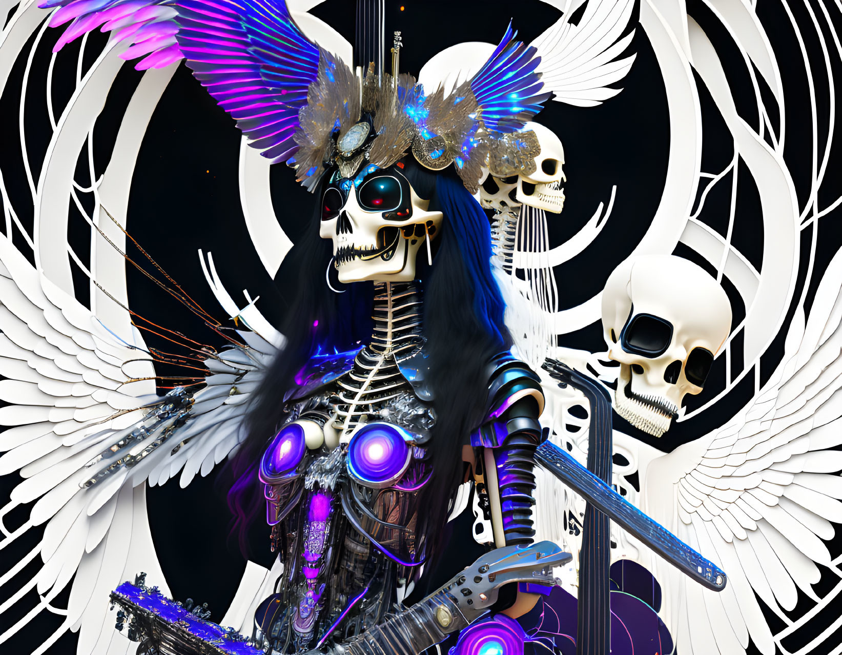 Digital artwork: Skeletal figure with cybernetic enhancements and multiple skulls in intricate headdress and wings