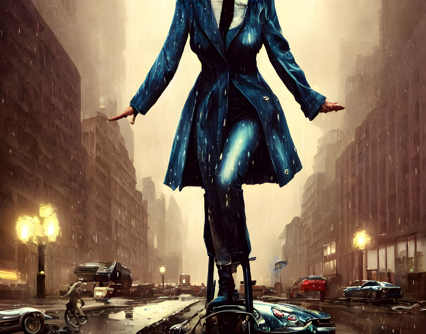 Futuristic cityscape with person in blue coat and neon signs