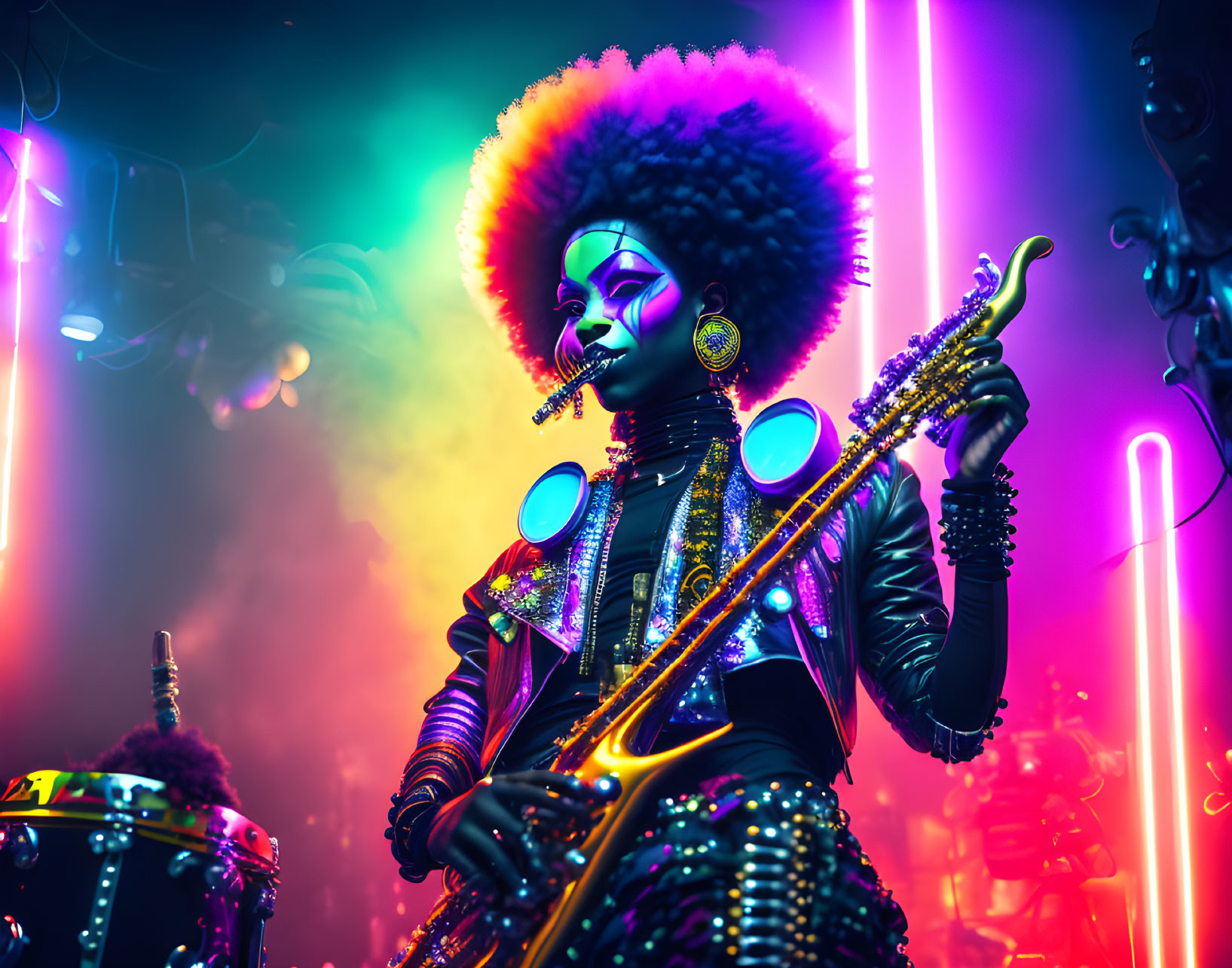 Colorful musician with saxophone in vibrant neon setting