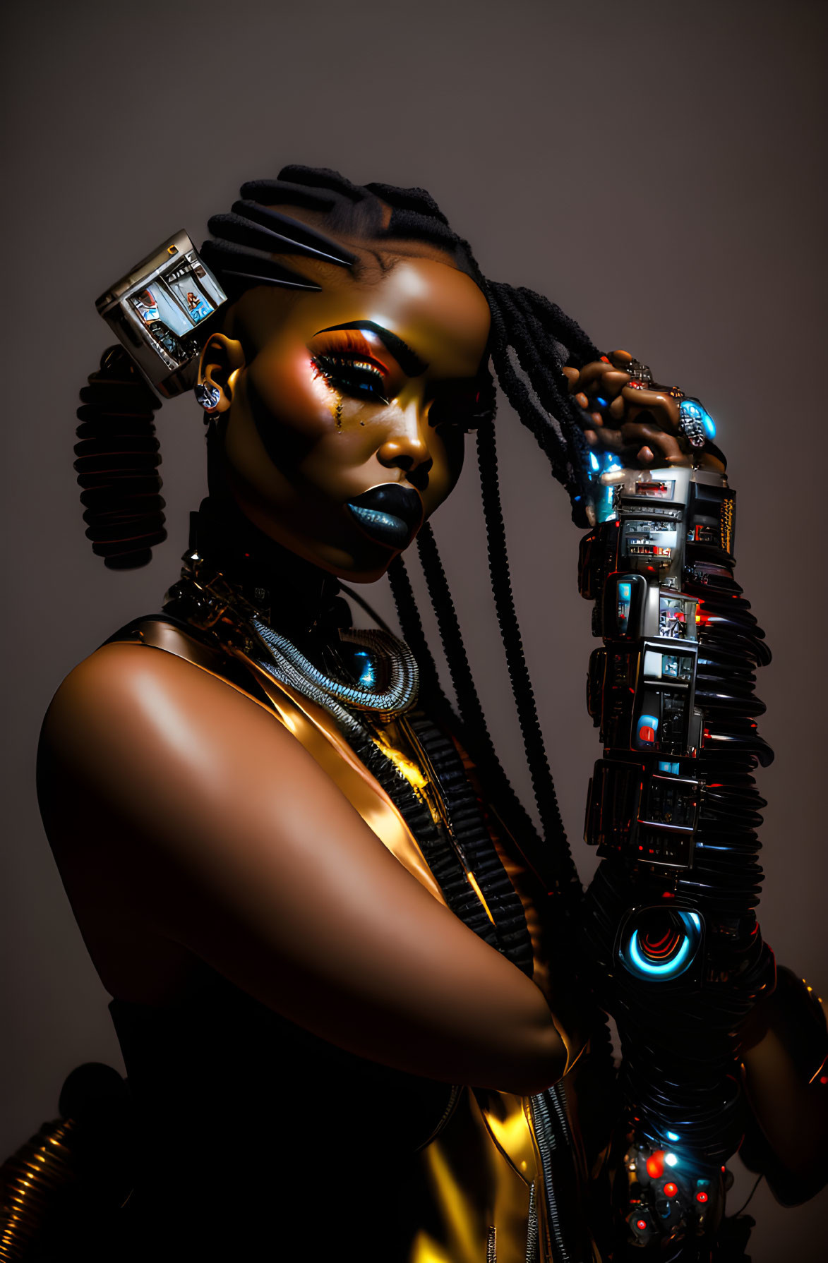 Woman with futuristic cybernetic arm enhancements and striking makeup in sci-fi aesthetic