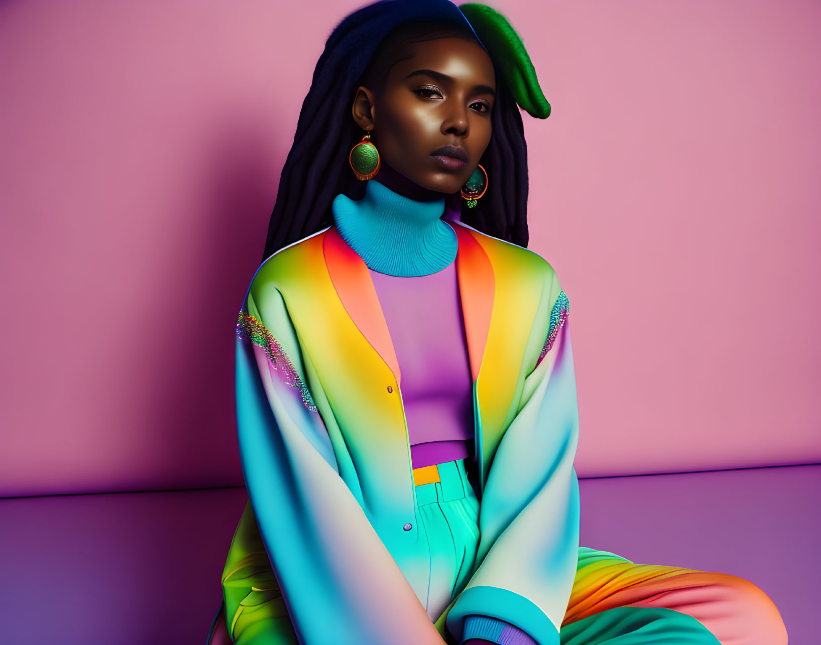 Woman with Braided Hair in Rainbow Jacket on Pink Background