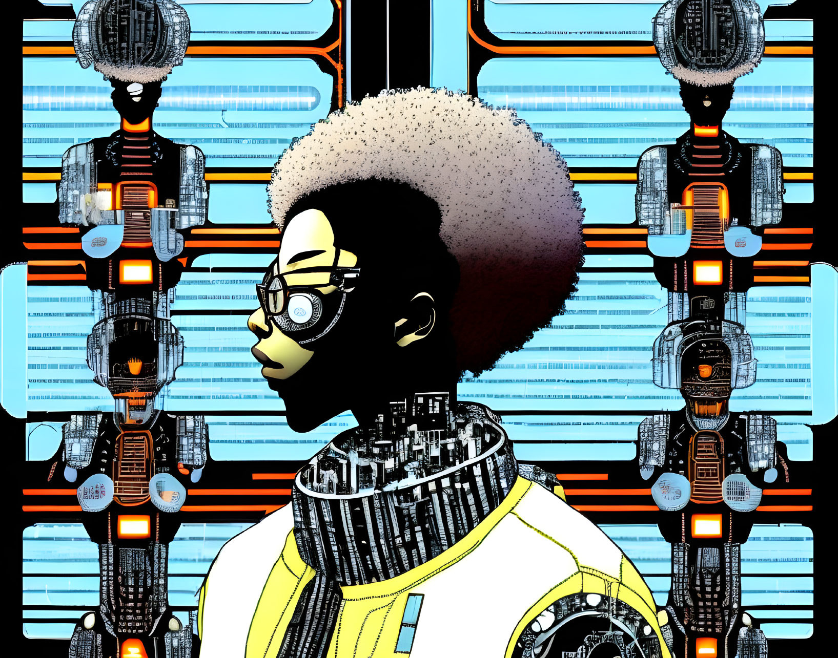 Person with afro in futuristic outfit and glasses, surrounded by robotic figures and circuit patterns.