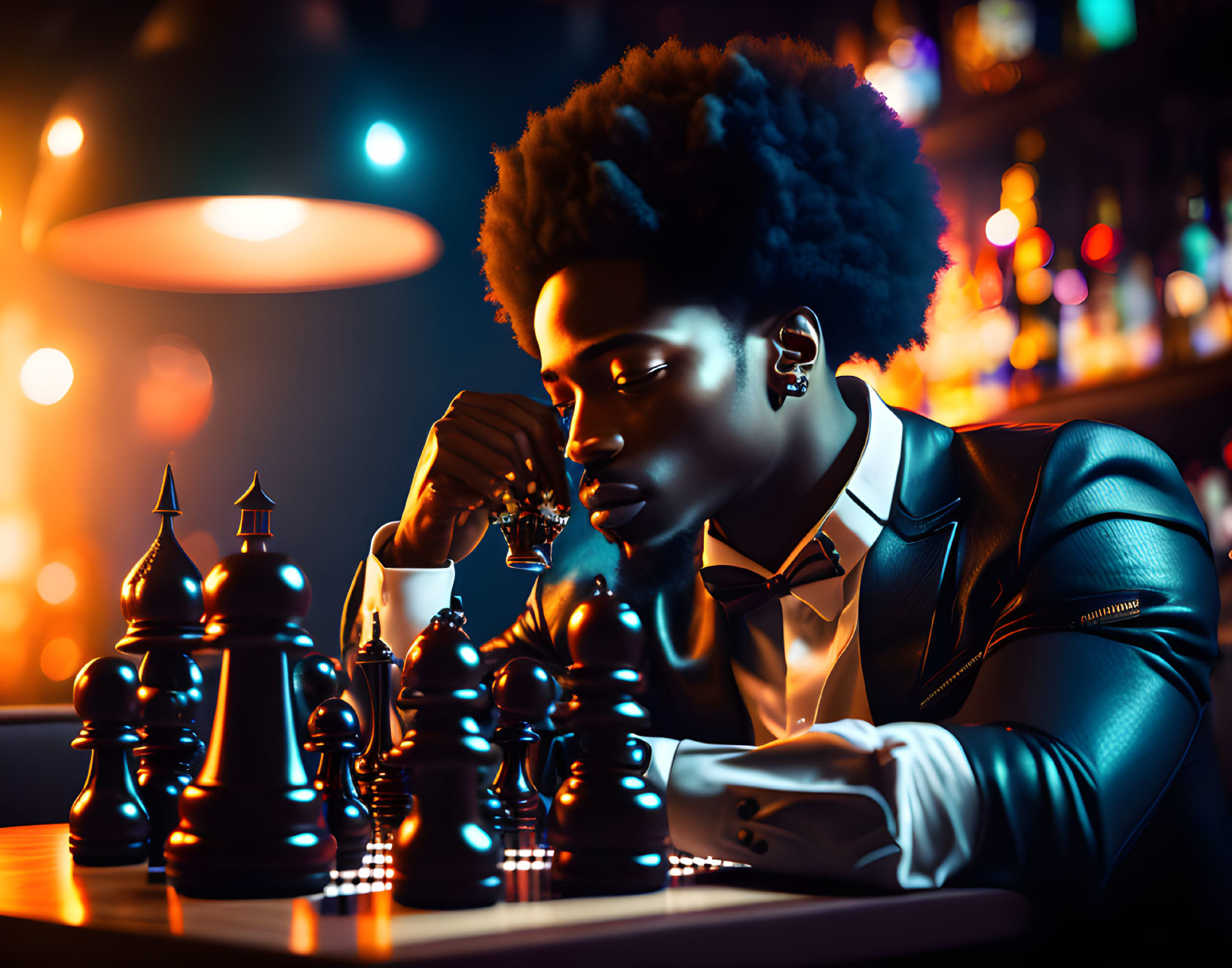 Person with Afro Playing Chess in Colorful-Lit Bar Setting