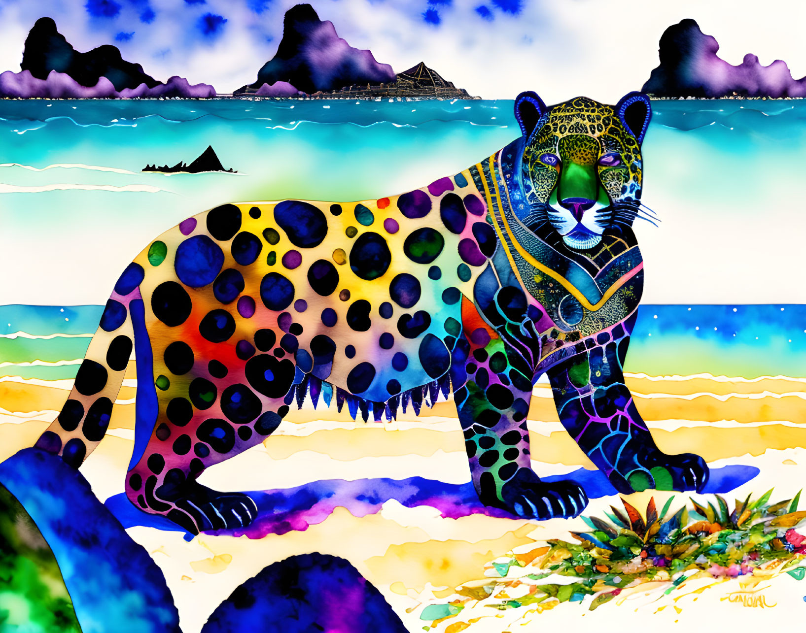 Colorful stylized jaguar on beach with vibrant spots, waves, mountains, sailboat.